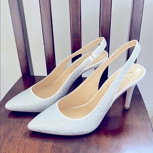 White Heels with Slingback Design and Shimmering Finish